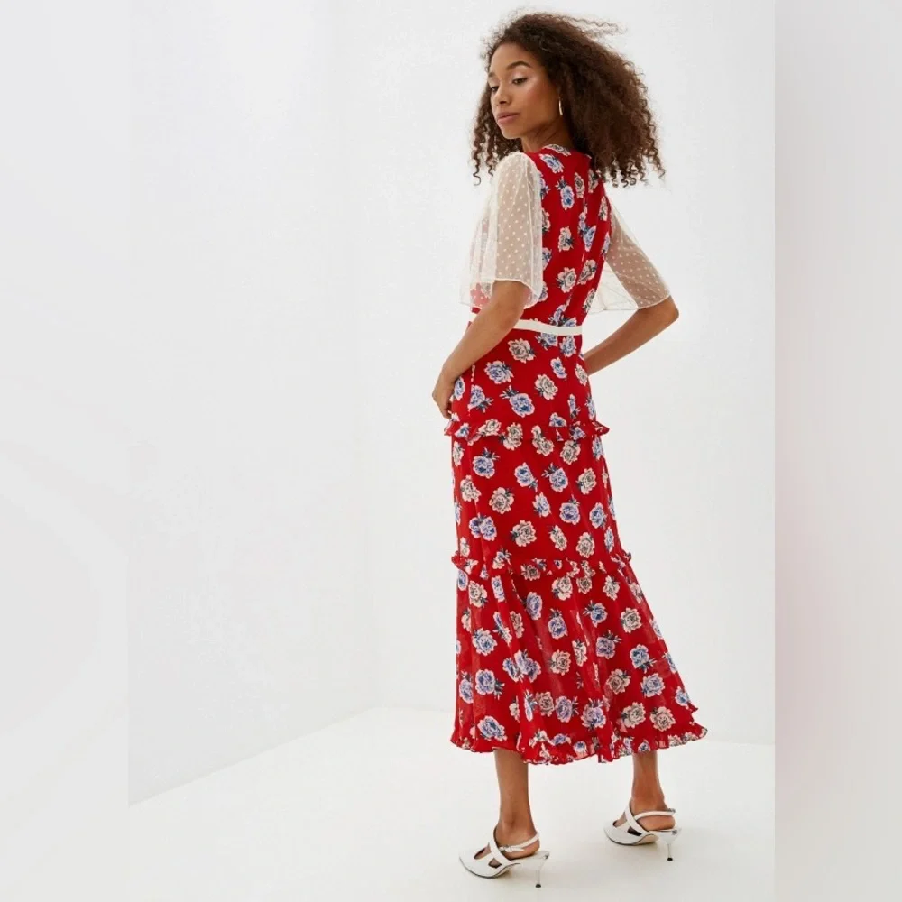 Sister Jane Red Maxi Midi Sundress Tiered Lace Sheer Ruffle Floral Dress - Picture 2 of 7